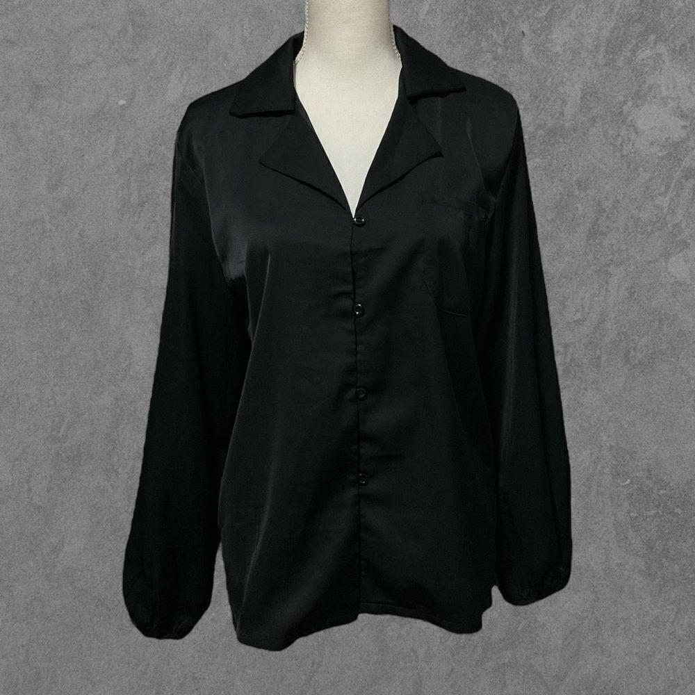 SHEIN | Black Button Down Collared Long Sleeve Blouse Elastic Sleeve Cuffs M